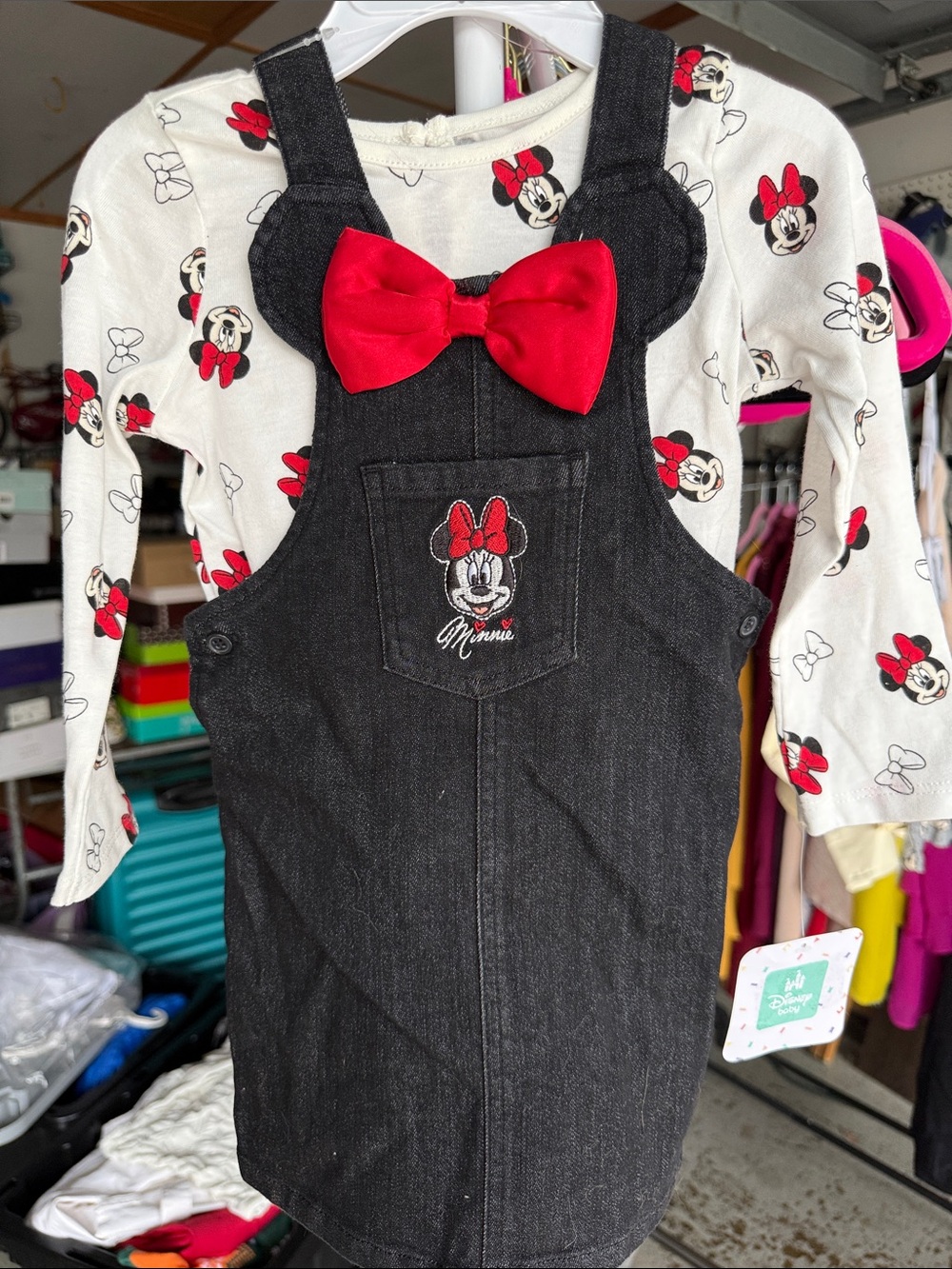 Disney Black Denim Minnie Pinafore Dress with Red Bow